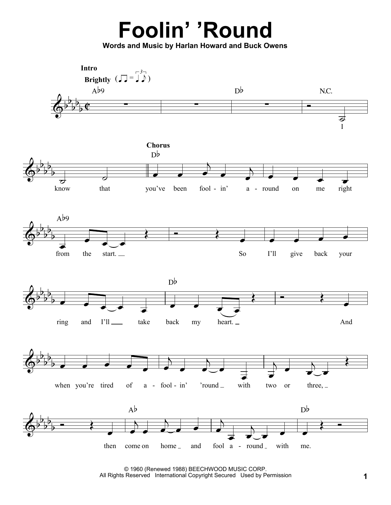 Download Patsy Cline Foolin' 'Round Sheet Music and learn how to play Voice PDF digital score in minutes
