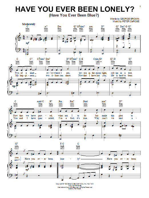 Download Patsy Cline Have You Ever Been Lonely? (Have You Ever Been Blue?) Sheet Music and learn how to play Piano, Vocal & Guitar Chords (Right-Hand Melody) PDF digital score in minutes