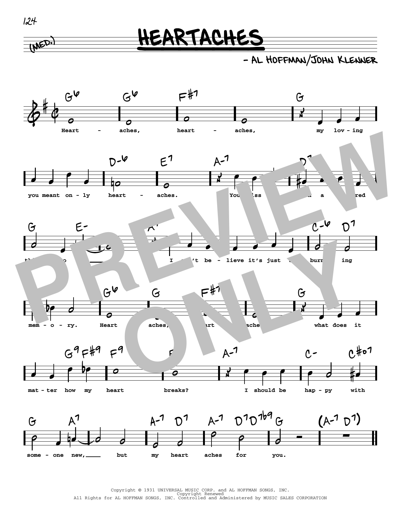 Download Patsy Cline Heartaches (High Voice) Sheet Music and learn how to play Real Book – Melody, Lyrics & Chords PDF digital score in minutes