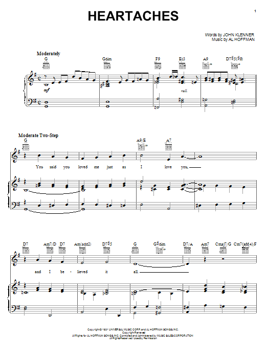 Download Patsy Cline Heartaches Sheet Music and learn how to play Piano, Vocal & Guitar (Right-Hand Melody) PDF digital score in minutes