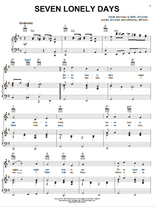 Download Patsy Cline Seven Lonely Days Sheet Music and learn how to play Piano, Vocal & Guitar (Right-Hand Melody) PDF digital score in minutes