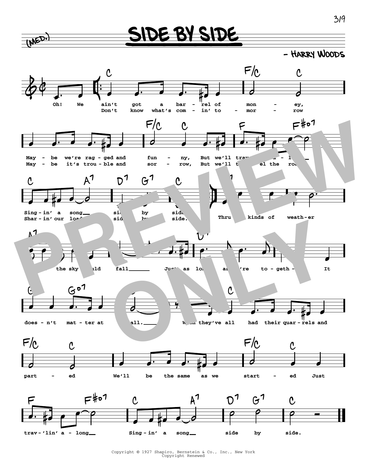 Download Patsy Cline Side By Side (High Voice) Sheet Music and learn how to play Real Book – Melody, Lyrics & Chords PDF digital score in minutes