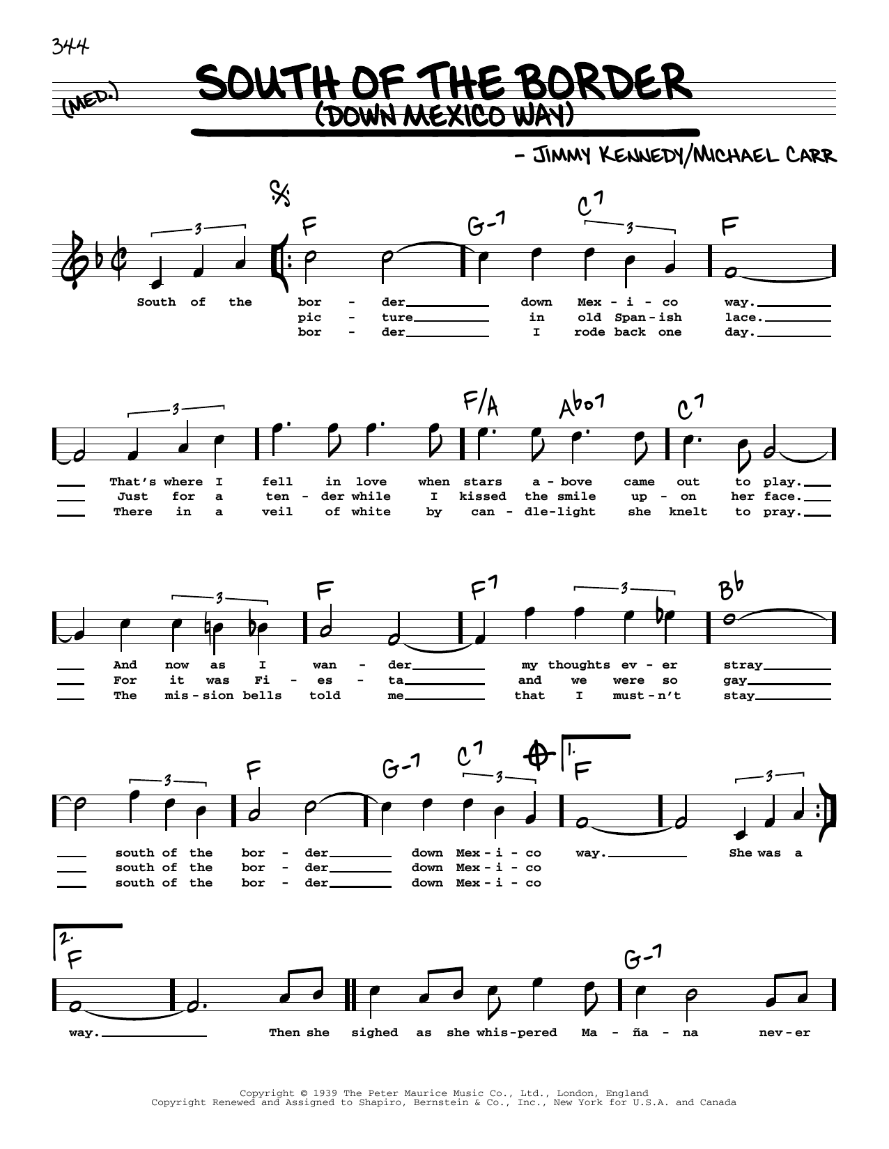 Download Patsy Cline South Of The Border (Down Mexico Way) (High Voice) Sheet Music and learn how to play Real Book – Melody, Lyrics & Chords PDF digital score in minutes