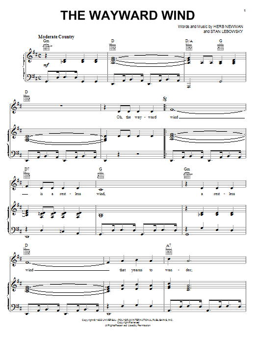 Download Patsy Cline The Wayward Wind Sheet Music and learn how to play Piano, Vocal & Guitar (Right-Hand Melody) PDF digital score in minutes