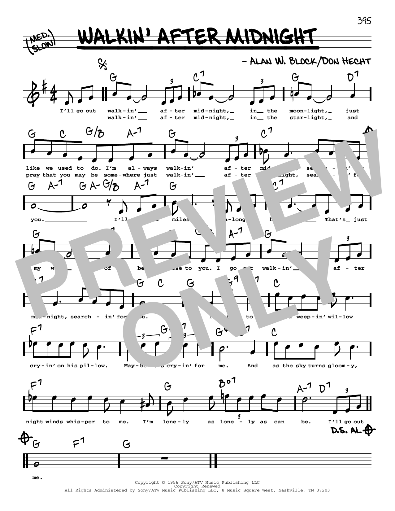 Download Patsy Cline Walkin' After Midnight (High Voice) Sheet Music and learn how to play Real Book – Melody, Lyrics & Chords PDF digital score in minutes