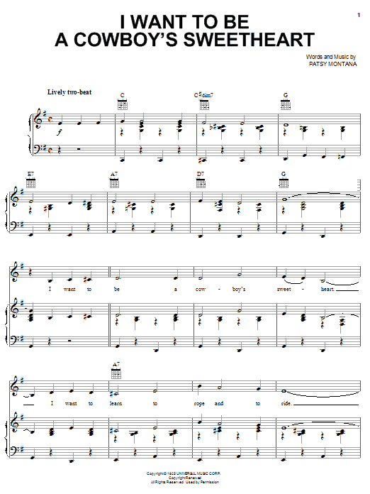 Download Patsy Montana I Want To Be A Cowboy's Sweetheart Sheet Music and learn how to play Ukulele PDF digital score in minutes