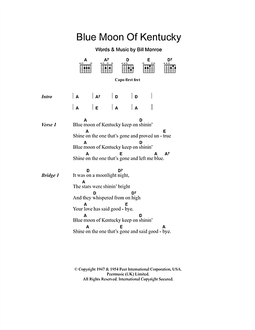 Download Patsy Cline Blue Moon Of Kentucky Sheet Music and learn how to play Lyrics & Chords PDF digital score in minutes