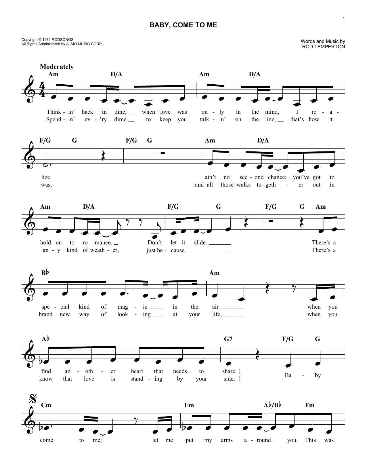 Download Patti Austin with James Ingram Baby, Come To Me Sheet Music and learn how to play Melody Line, Lyrics & Chords PDF digital score in minutes