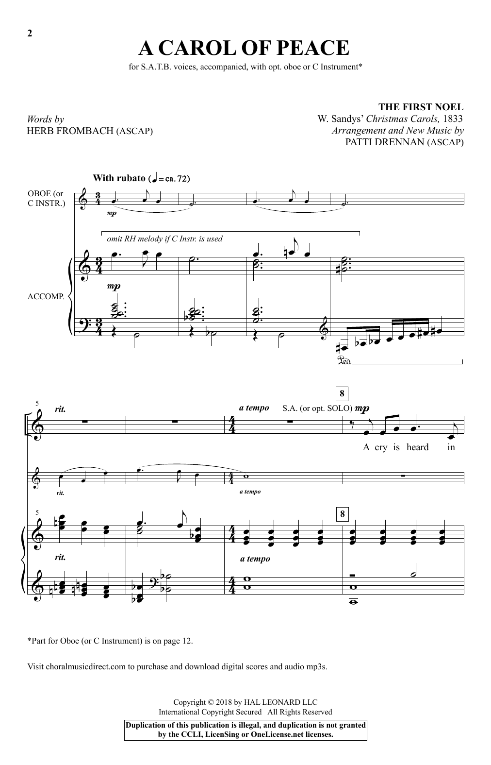 Download Patti Drennan A Carol Of Peace Sheet Music and learn how to play SATB PDF digital score in minutes