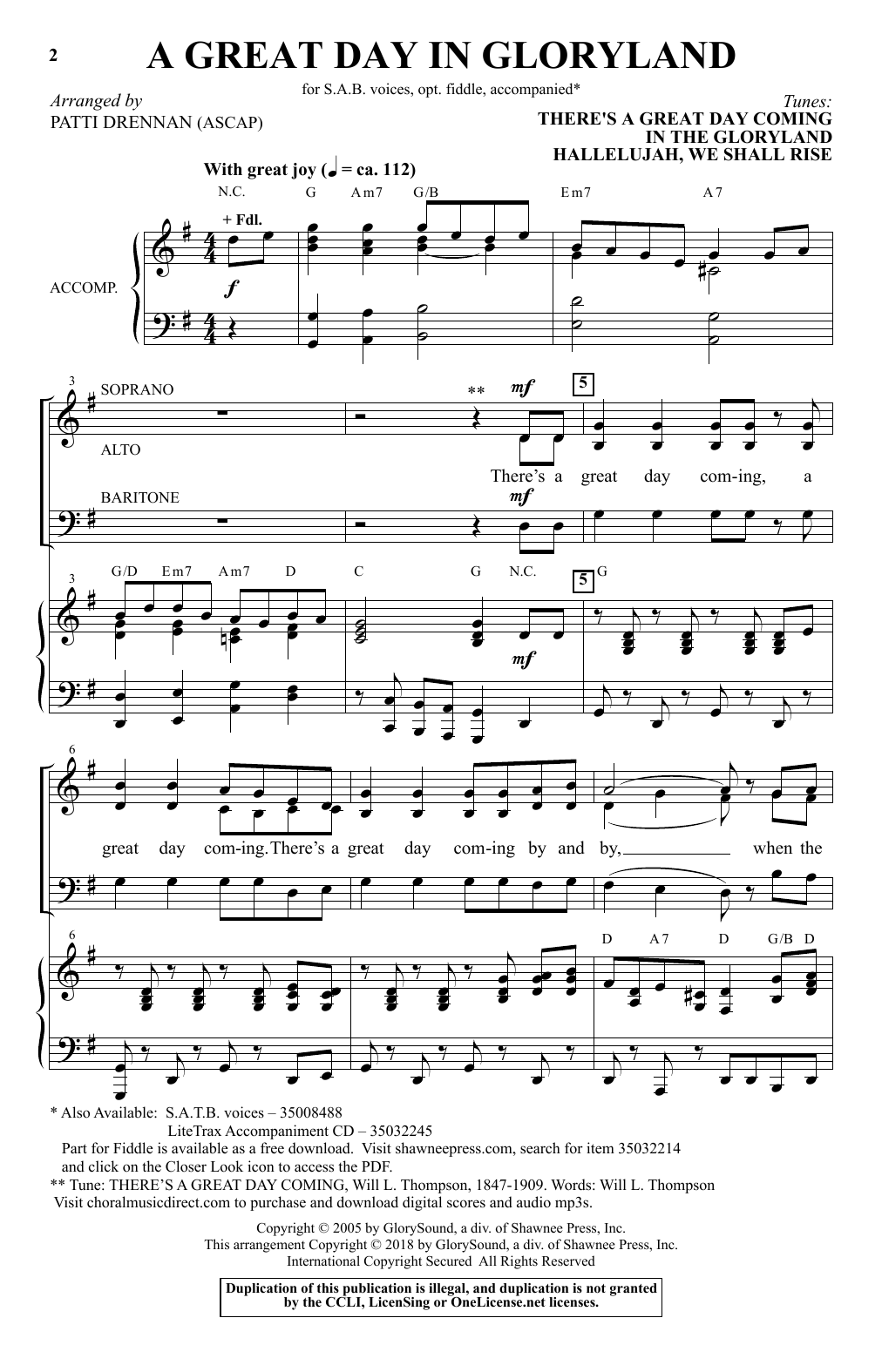 Download Patti Drennan A Great Day In Gloryland Sheet Music and learn how to play SAB Choir PDF digital score in minutes