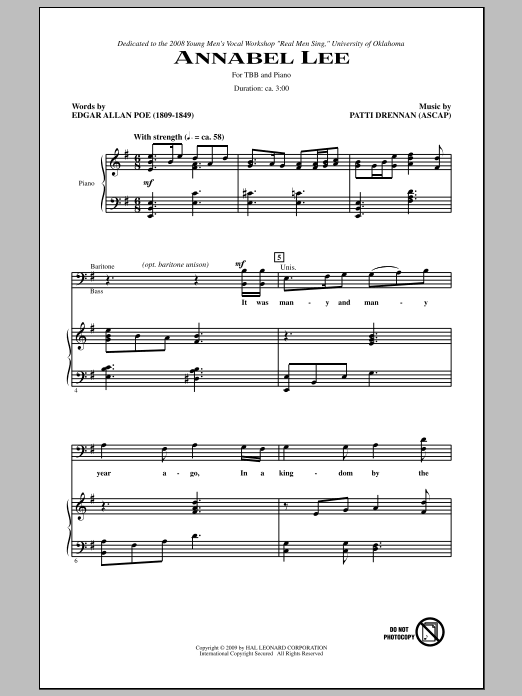 Download Patti Drennan Annabel Lee Sheet Music and learn how to play TBB Choir PDF digital score in minutes