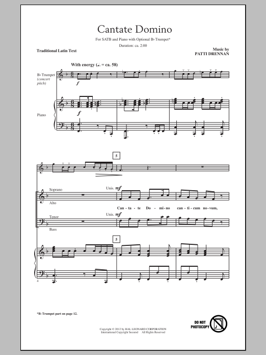 Download Patti Drennan Cantate Domino Sheet Music and learn how to play SATB PDF digital score in minutes