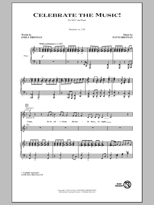 Download Patti Drennan Celebrate The Music! Sheet Music and learn how to play SSA PDF digital score in minutes