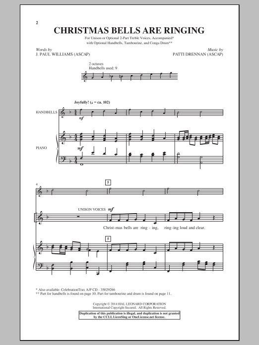 Download Patti Drennan Christmas Bells Are Ringing Sheet Music and learn how to play Unison Voice PDF digital score in minutes