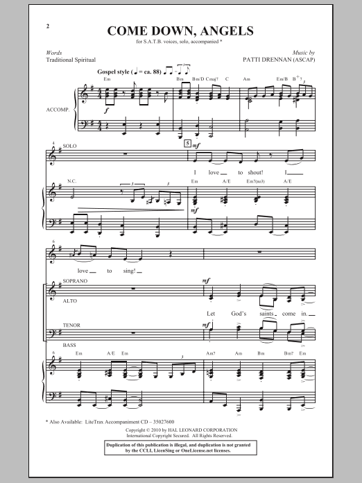 Download Patti Drennan Come Down, Angels Sheet Music and learn how to play SATB Choir PDF digital score in minutes