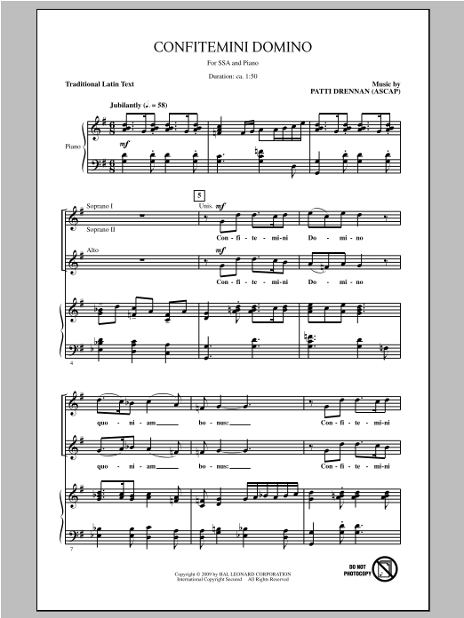 Download Patti Drennan Confitemini Domino Sheet Music and learn how to play SSA PDF digital score in minutes