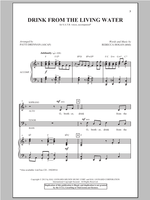 Download Rebecca Hogan Drink From The Living Water (arr. Patti Drennan) Sheet Music and learn how to play SATB PDF digital score in minutes