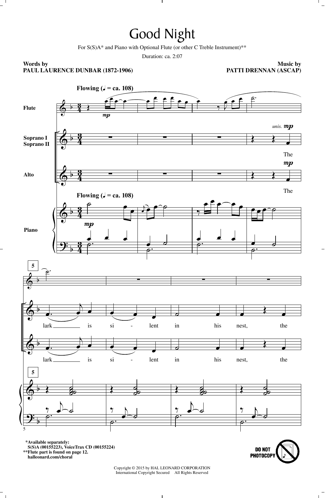 Download Patti Drennan Good Night Sheet Music and learn how to play SSA PDF digital score in minutes