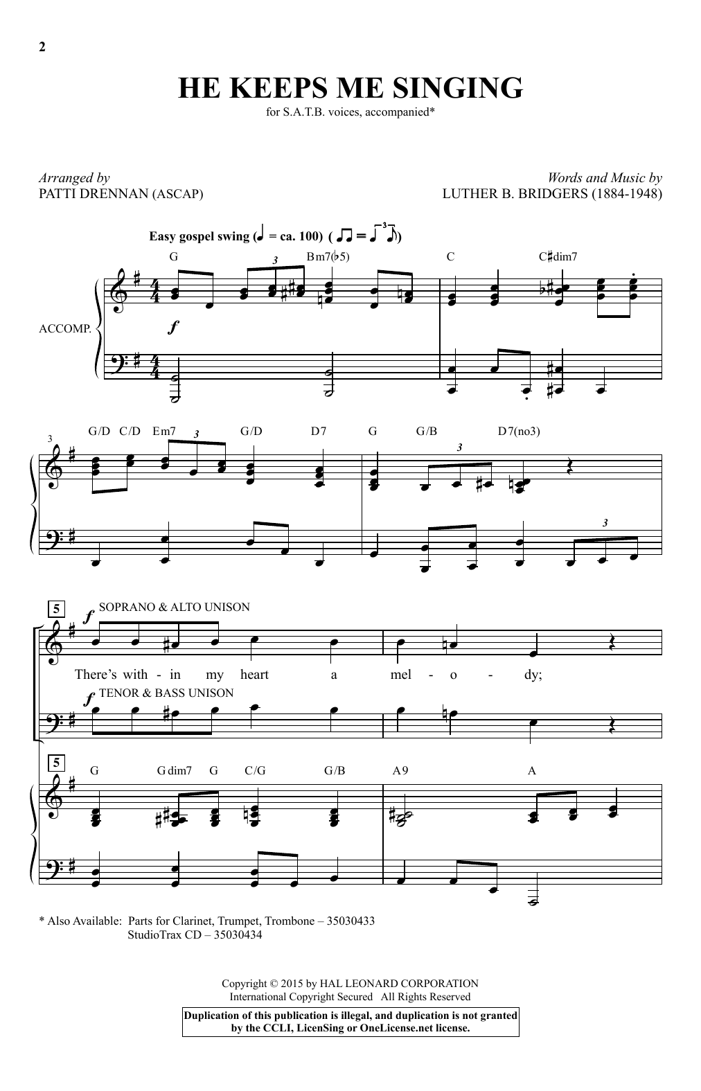 Download Luther B. Bridgers He Keeps Me Singing (arr. Patti Drennan) Sheet Music and learn how to play SATB PDF digital score in minutes