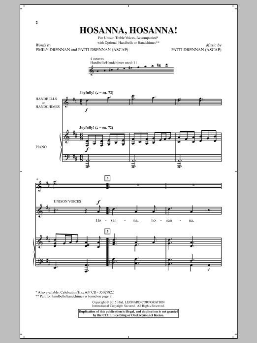 Download Patti Drennan Hosanna, Hosanna! Sheet Music and learn how to play Unison Voice PDF digital score in minutes