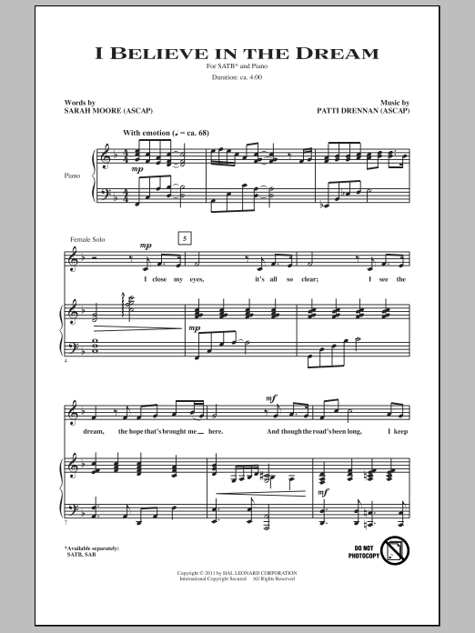 Download Patti Drennan I Believe In The Dream Sheet Music and learn how to play SATB Choir PDF digital score in minutes