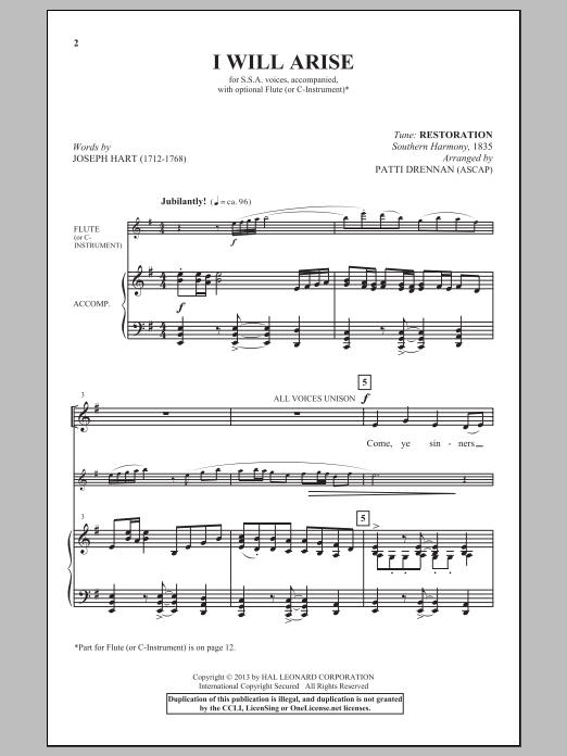Download Traditional I Will Arise (arr. Patti Drennan) Sheet Music and learn how to play SSA PDF digital score in minutes