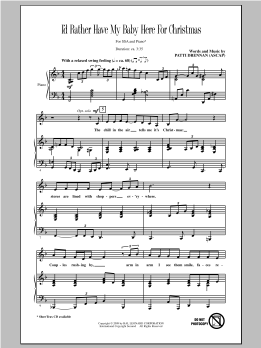 Download Patti Drennan I'd Rather Have My Baby Here For Christmas Sheet Music and learn how to play SSA PDF digital score in minutes