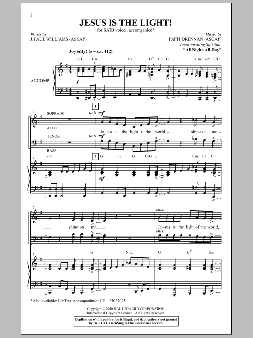 Download Patti Drennan Jesus Is The Light! Sheet Music and learn how to play SATB Choir PDF digital score in minutes