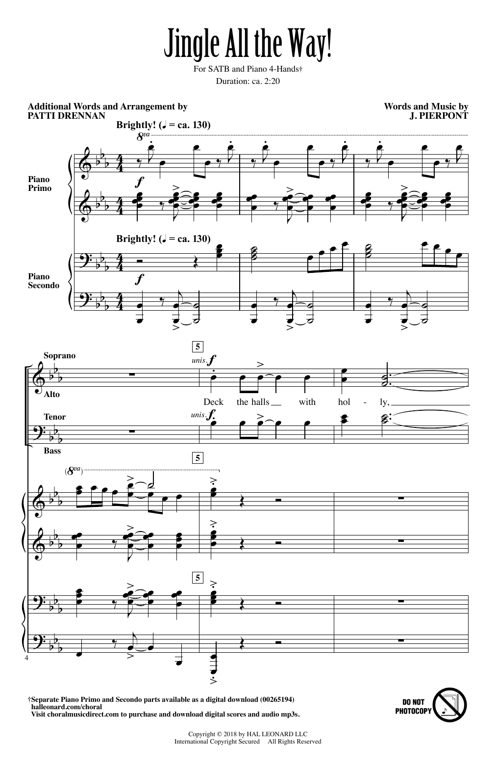 Download James Pierpont Jingle All The Way! Sheet Music and learn how to play Choral PDF digital score in minutes