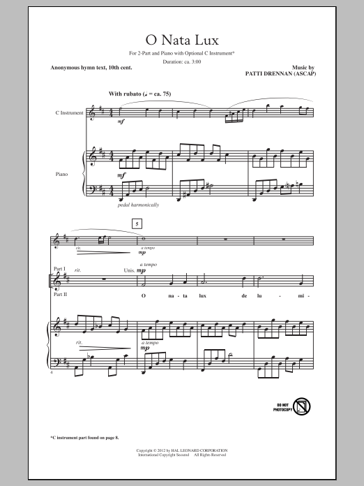 Download Patti Drennan O Nata Lux Sheet Music and learn how to play 2-Part Choir PDF digital score in minutes