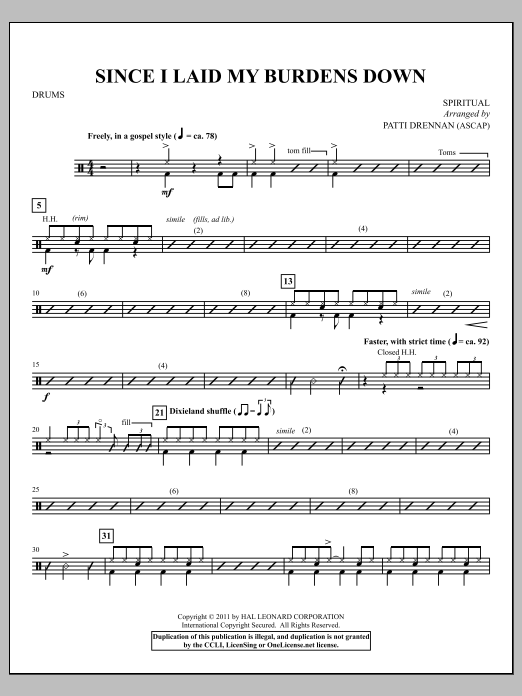 Download Patti Drennan Since I Laid My Burdens Down - Drum Set Sheet Music and learn how to play Choir Instrumental Pak PDF digital score in minutes