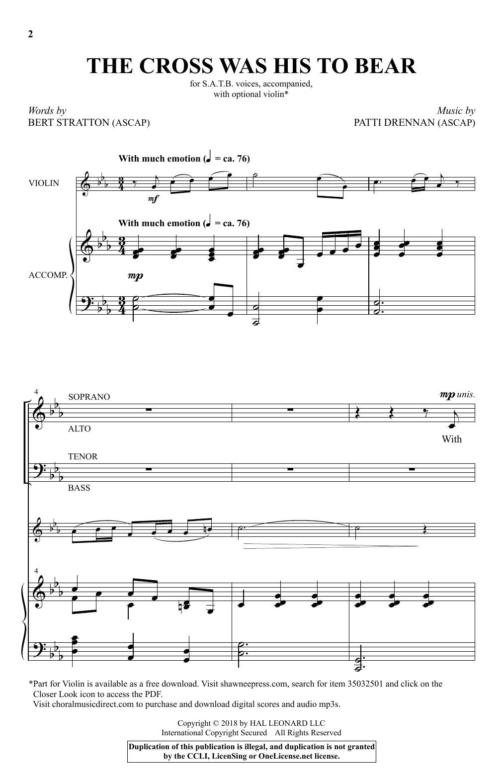 Download Patti Drennan The Cross Was His To Bear Sheet Music and learn how to play SATB Choir PDF digital score in minutes