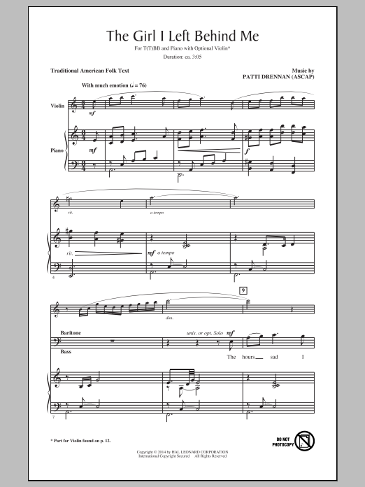 Download Patti Drennan The Girl I Left Behind Me Sheet Music and learn how to play TTBB PDF digital score in minutes
