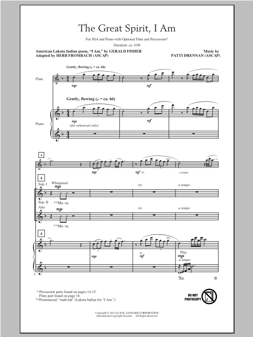 Download Patti Drennan The Great Spirit, I Am Sheet Music and learn how to play SSA PDF digital score in minutes