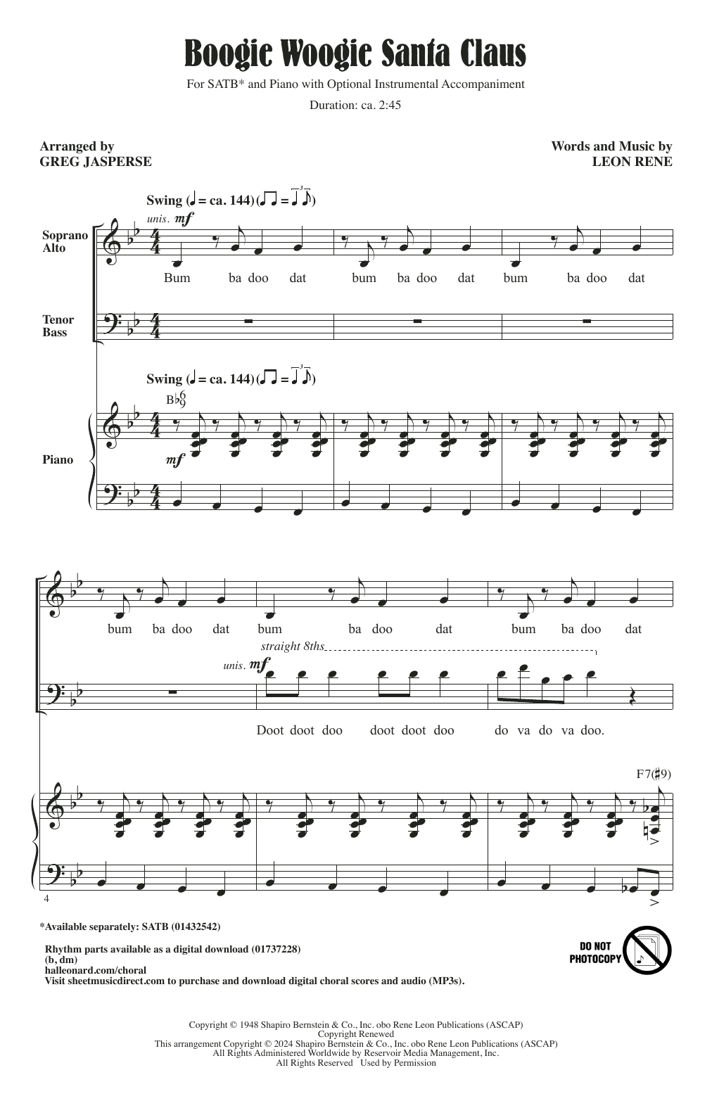 Download Patti Page Boogie Woogie Santa Claus (arr. Greg Jasperse) Sheet Music and learn how to play SATB Choir PDF digital score in minutes