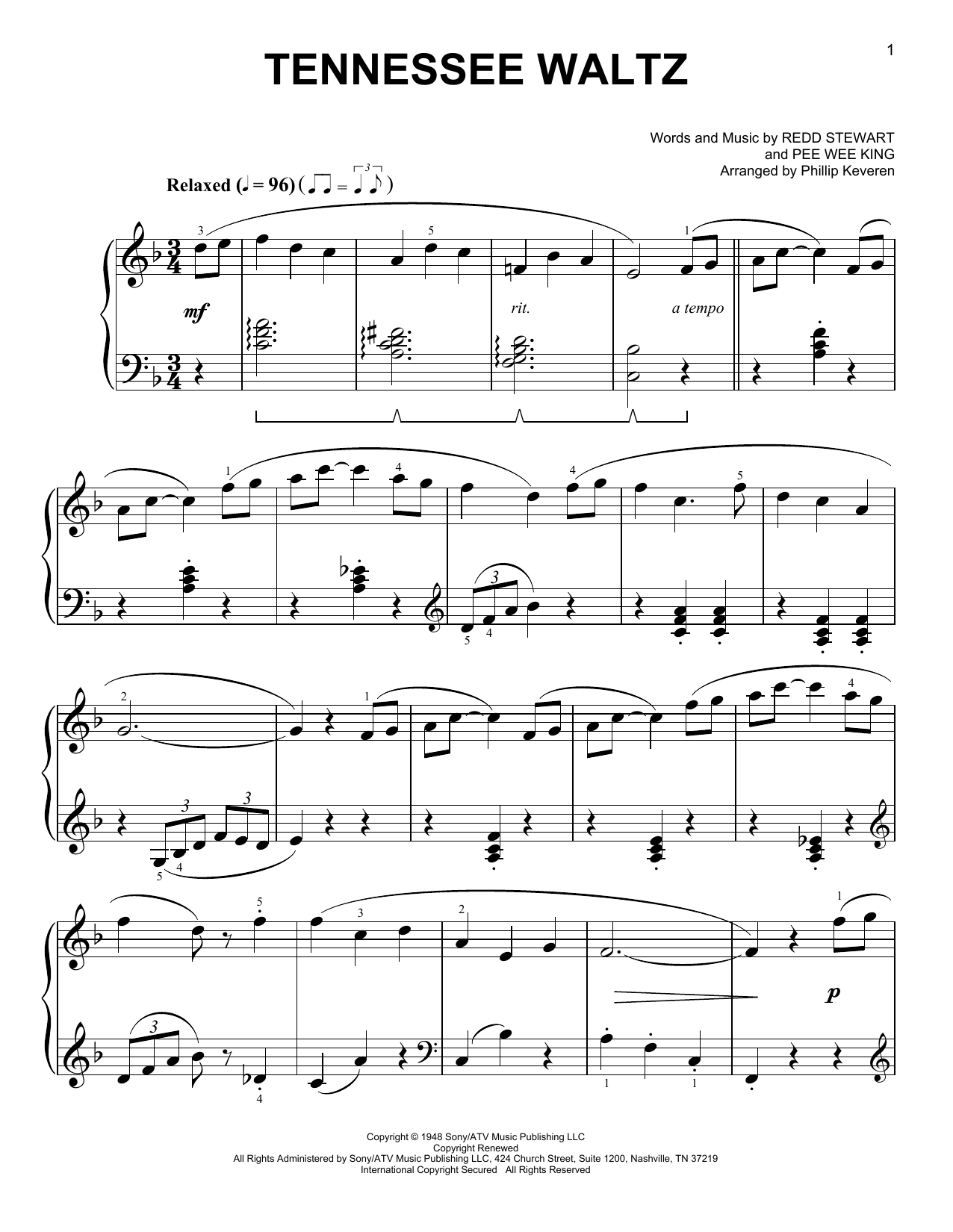 Download Patti Page Tennessee Waltz [Classical version] (arr. Phillip Keveren) Sheet Music and learn how to play Piano Solo PDF digital score in minutes