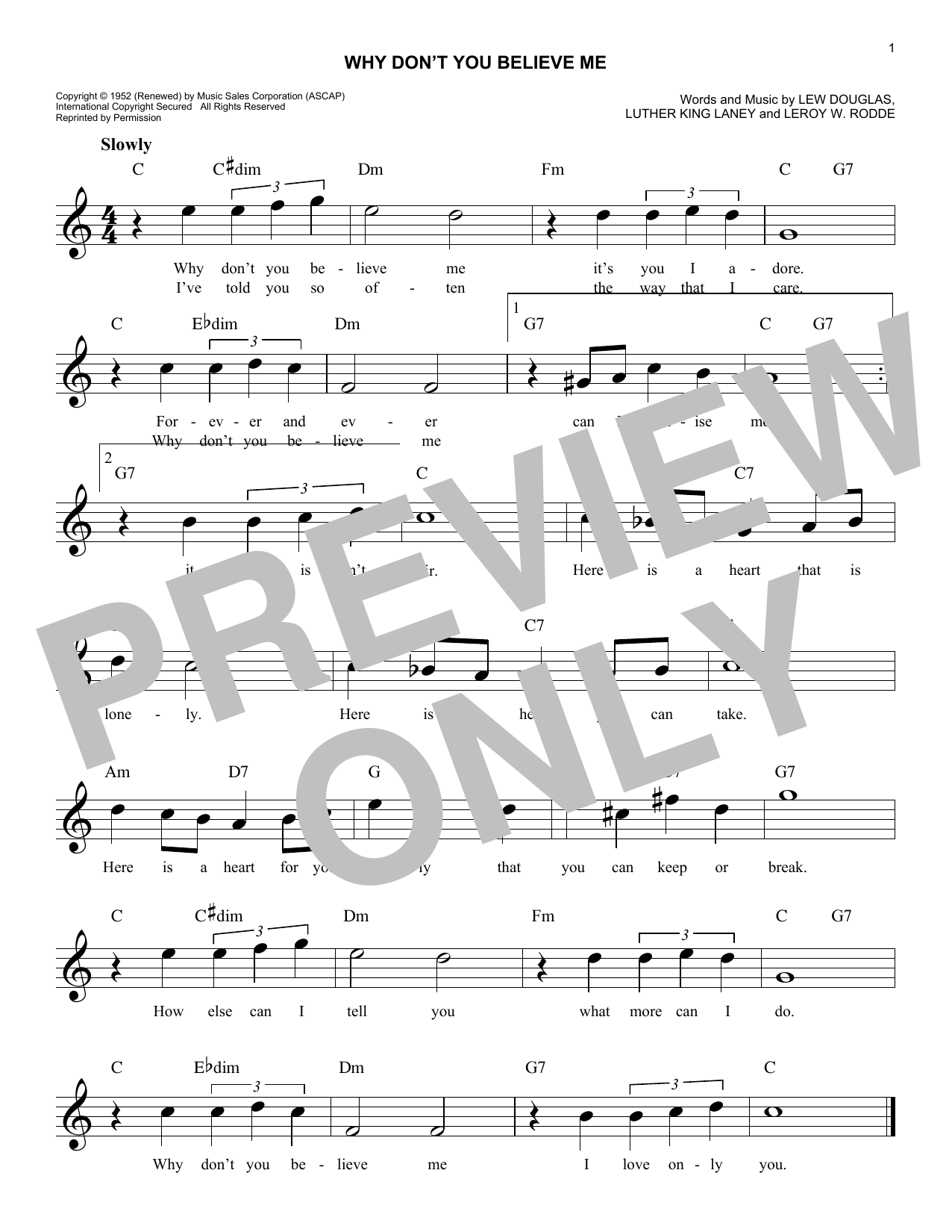 Download Patti Page Why Don't You Believe Me Sheet Music and learn how to play Melody Line, Lyrics & Chords PDF digital score in minutes