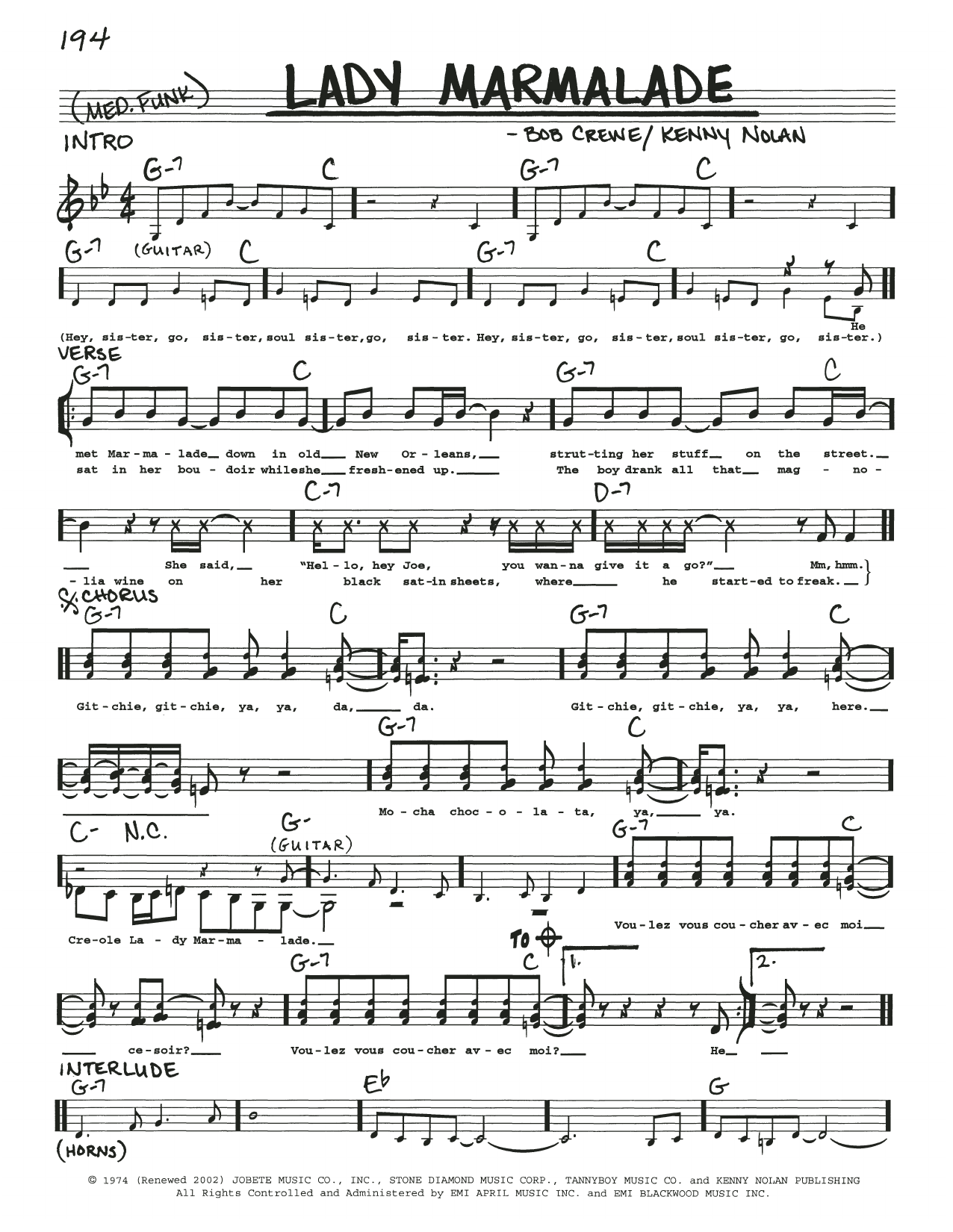 Download Patty LaBelle Lady Marmalade Sheet Music and learn how to play Real Book – Melody, Lyrics & Chords PDF digital score in minutes