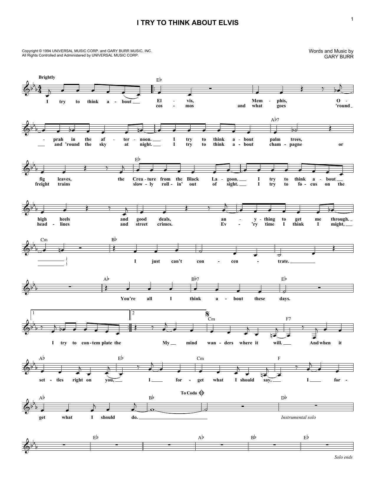 Download Patty Loveless I Try To Think About Elvis Sheet Music and learn how to play Melody Line, Lyrics & Chords PDF digital score in minutes