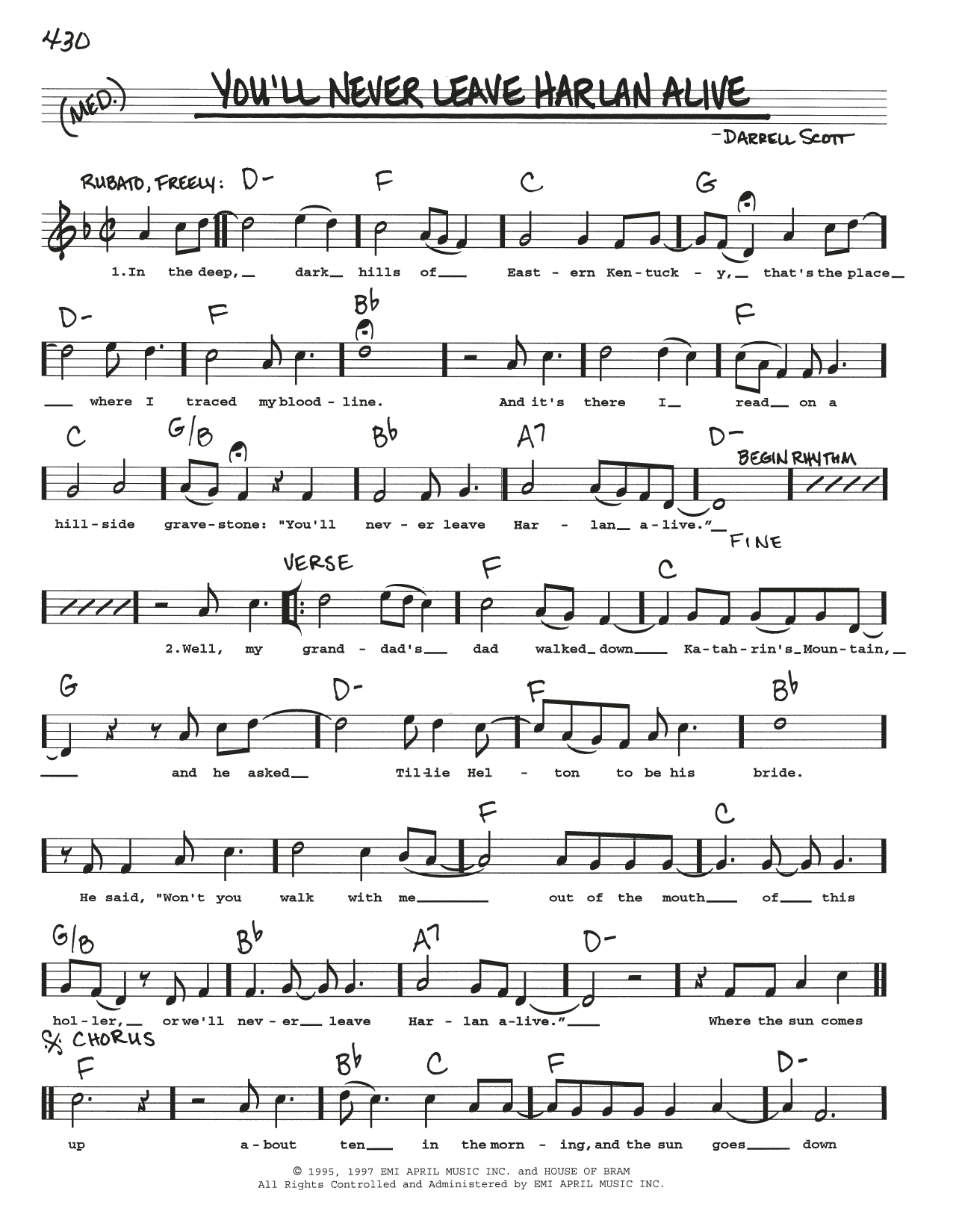 Download Patty Loveless You'll Never Leave Harlan Alive Sheet Music and learn how to play Real Book – Melody, Lyrics & Chords PDF digital score in minutes