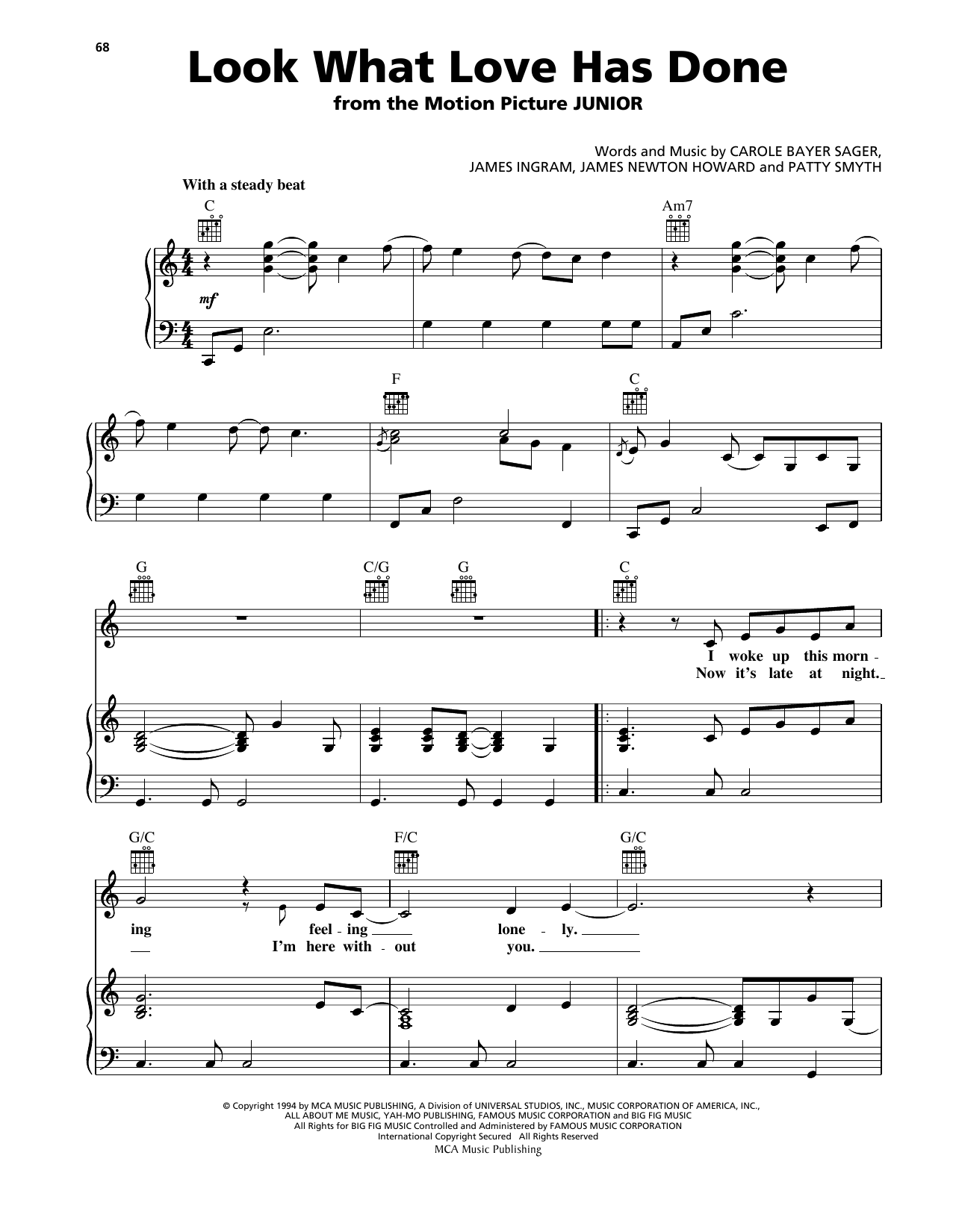 Download Patty Smyth Look What Love Has Done Sheet Music and learn how to play Piano, Vocal & Guitar Chords (Right-Hand Melody) PDF digital score in minutes