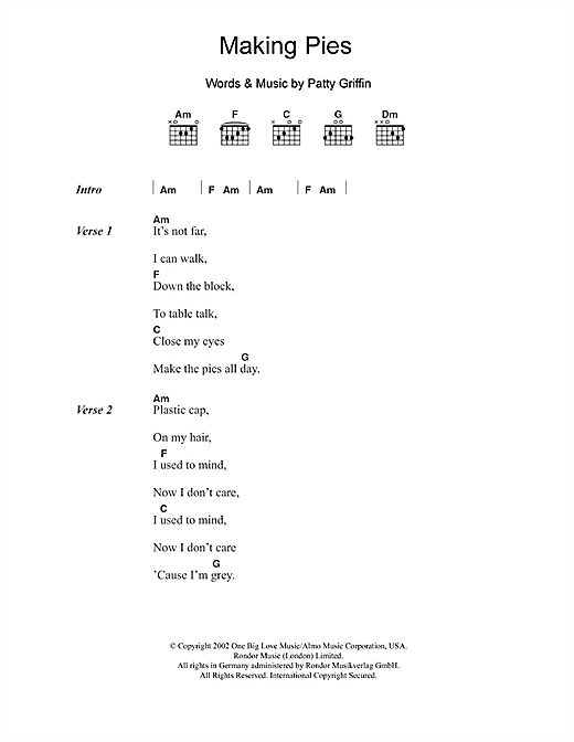 Download Patty Griffin Making Pies Sheet Music and learn how to play Lyrics & Chords PDF digital score in minutes