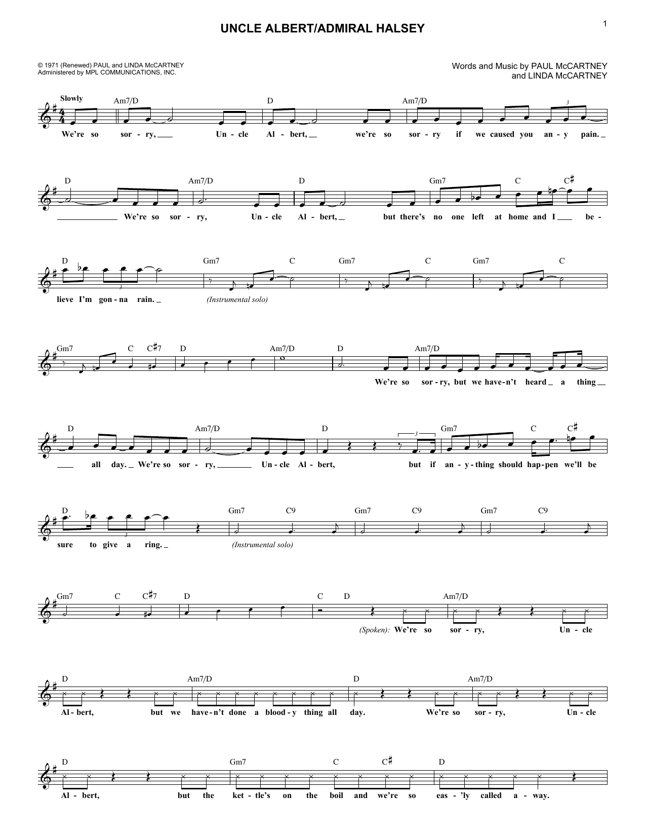 Download Paul McCartney & Wings Uncle Albert / Admiral Halsey Sheet Music and learn how to play Melody Line, Lyrics & Chords PDF digital score in minutes