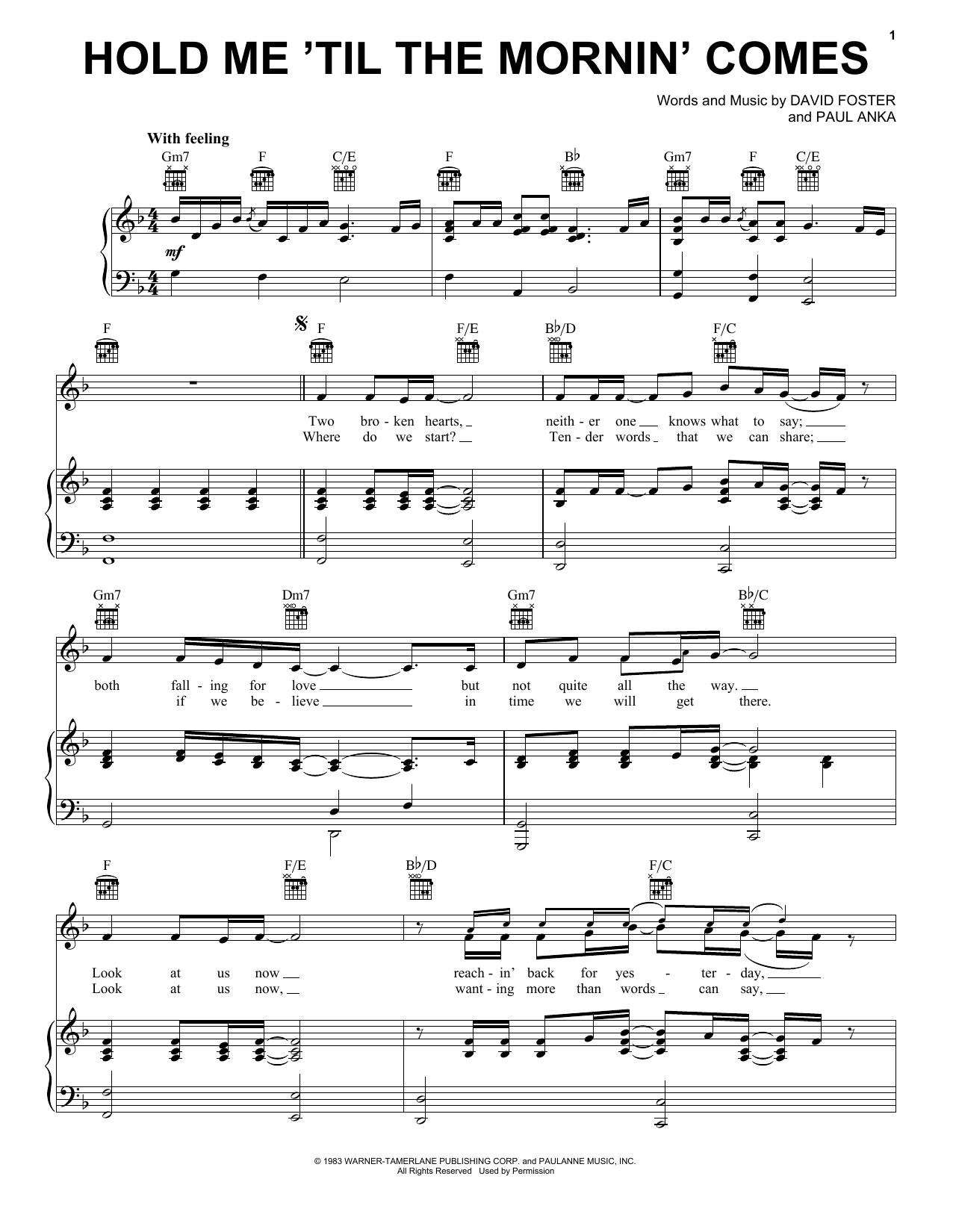 Download Paul Anka and Peter Cetera Hold Me 'Til The Mornin' Comes Sheet Music and learn how to play Piano, Vocal & Guitar Chords (Right-Hand Melody) PDF digital score in minutes