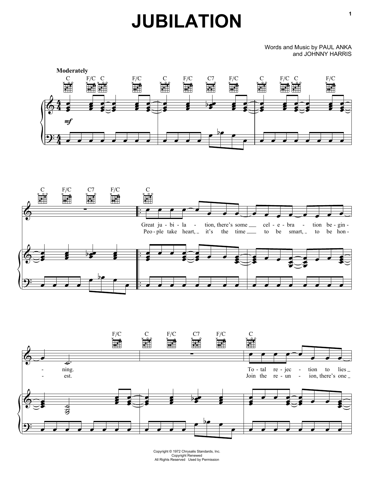 Download Paul Anka Jubilation Sheet Music and learn how to play Piano, Vocal & Guitar Chords (Right-Hand Melody) PDF digital score in minutes