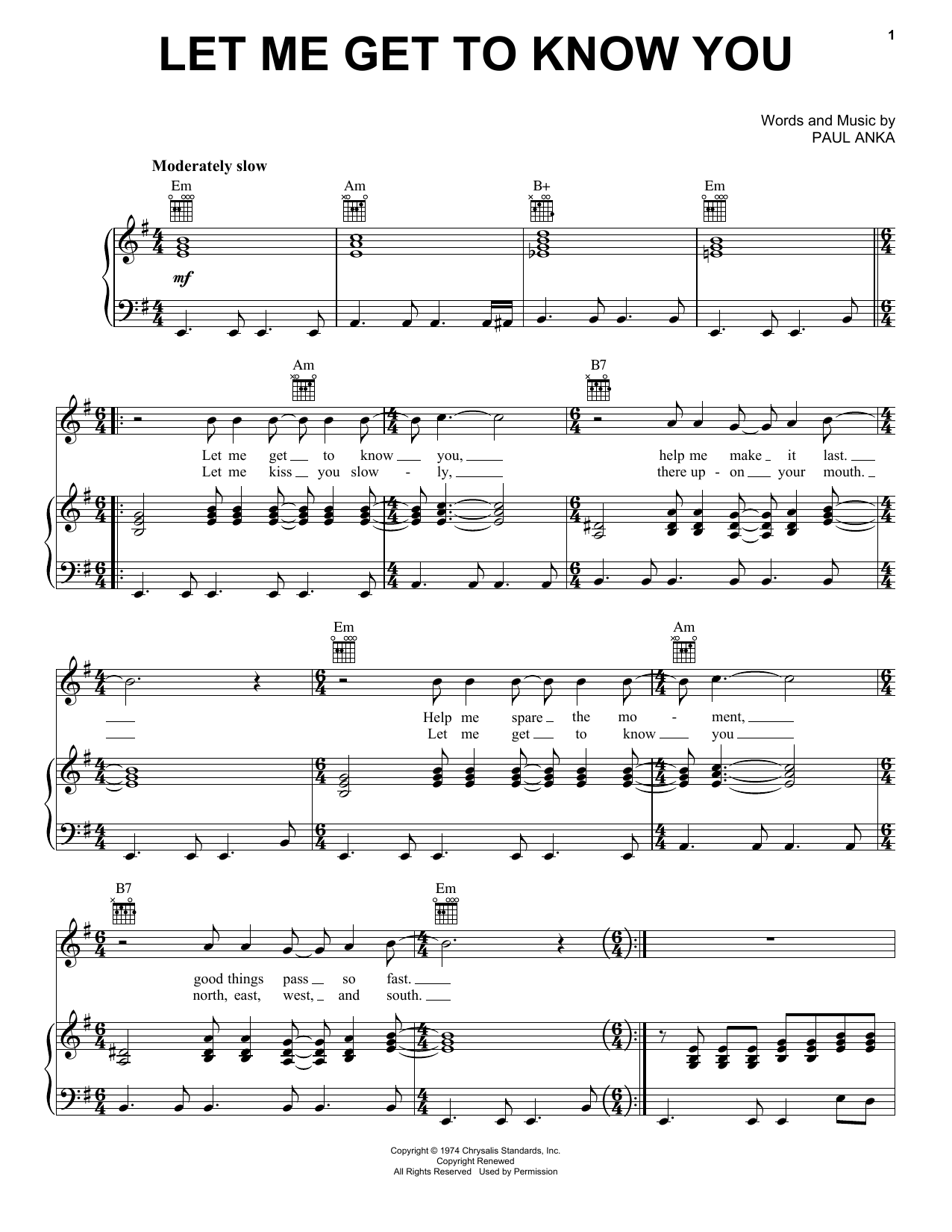 Download Paul Anka Let Me Get To Know You Sheet Music and learn how to play Piano, Vocal & Guitar Chords (Right-Hand Melody) PDF digital score in minutes