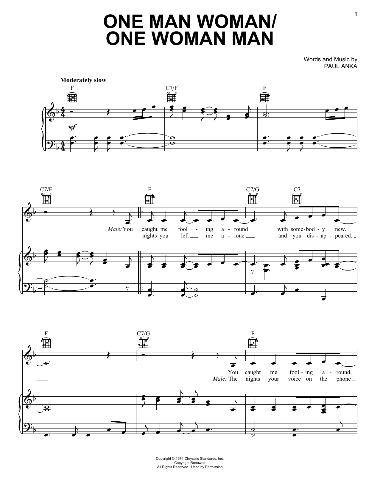 Download Paul Anka One Man Woman/One Woman Man Sheet Music and learn how to play Piano, Vocal & Guitar Chords (Right-Hand Melody) PDF digital score in minutes