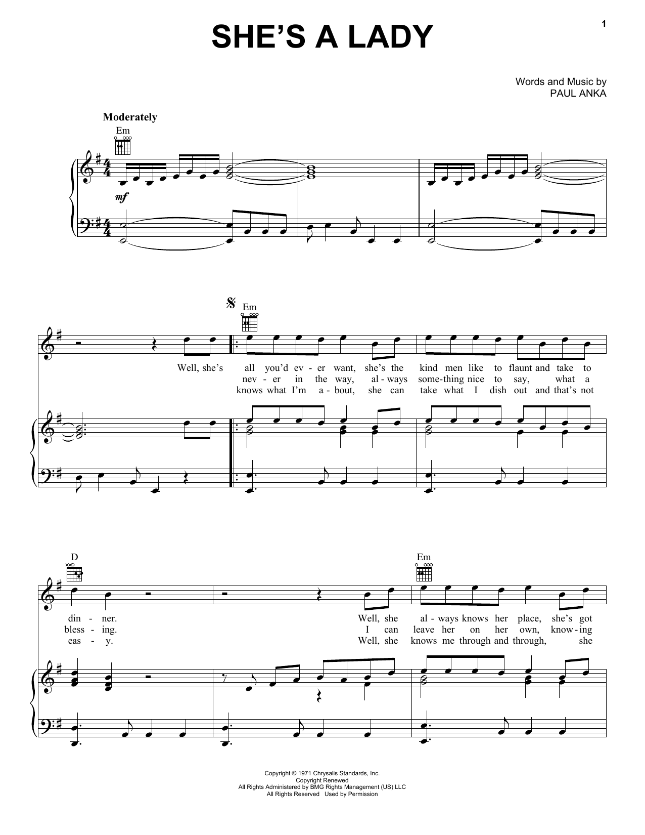 Download Paul Anka She's A Lady Sheet Music and learn how to play Piano, Vocal & Guitar Chords (Right-Hand Melody) PDF digital score in minutes