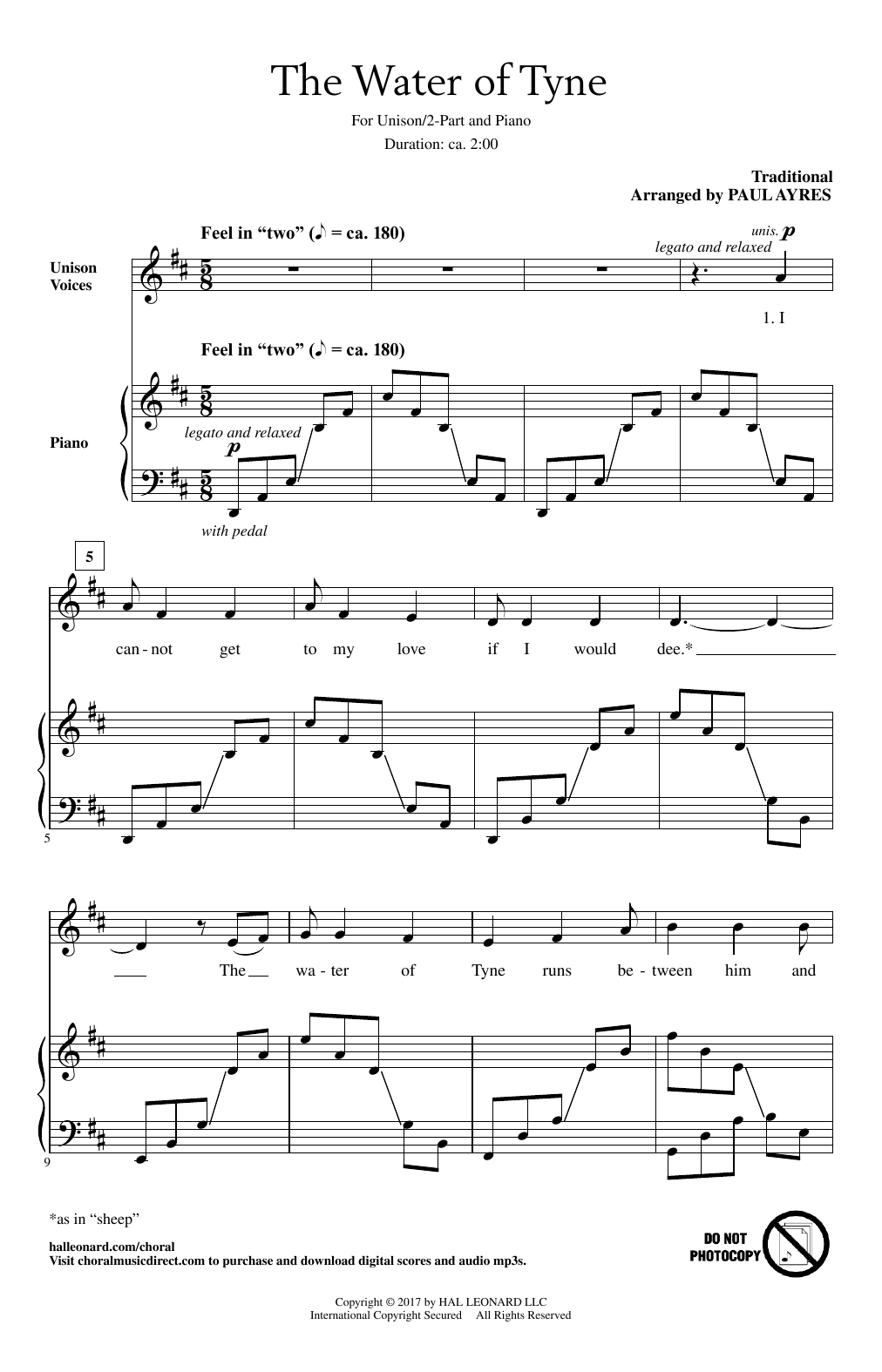 Download Paul Ayres The Water Of Tyne Sheet Music and learn how to play Unison Choral PDF digital score in minutes