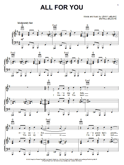 Download Paul Baloche All For You Sheet Music and learn how to play Piano, Vocal & Guitar (Right-Hand Melody) PDF digital score in minutes